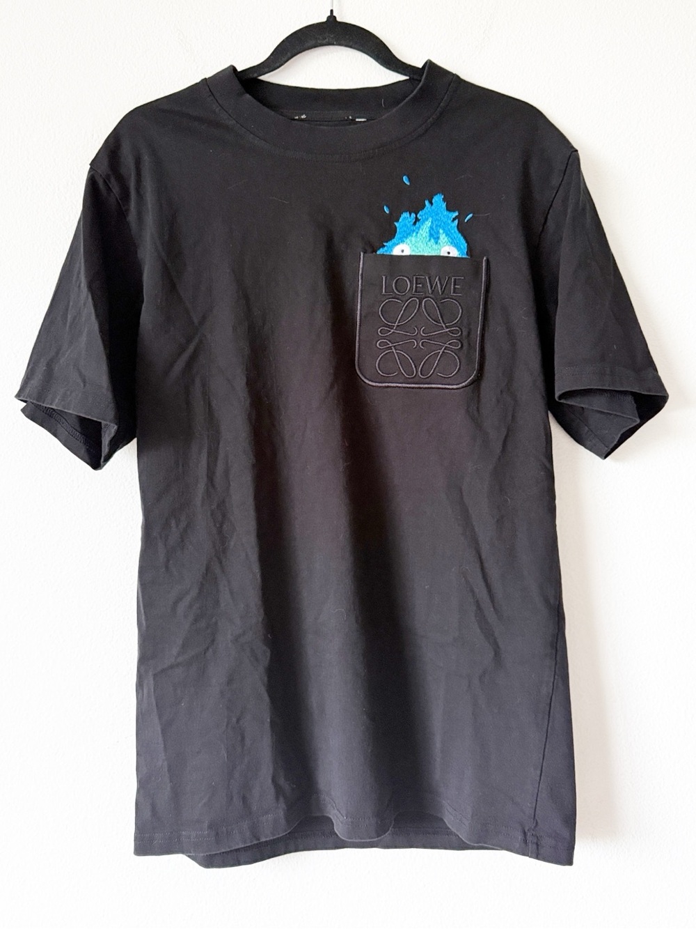 Loewe Black Short-Sleeve Tee with Blue Flame Pocket Detail